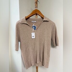 Vila Milano NWT Alpaca Brown Short Sleeve Embroidered Neck Sweater Top Size L